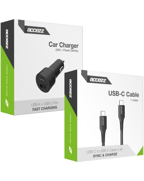 Accezz Car Charger met USB-C naar USB-C kabel - Autolader - 20 Watt - 1 meter - Zwart / Schwarz / Black