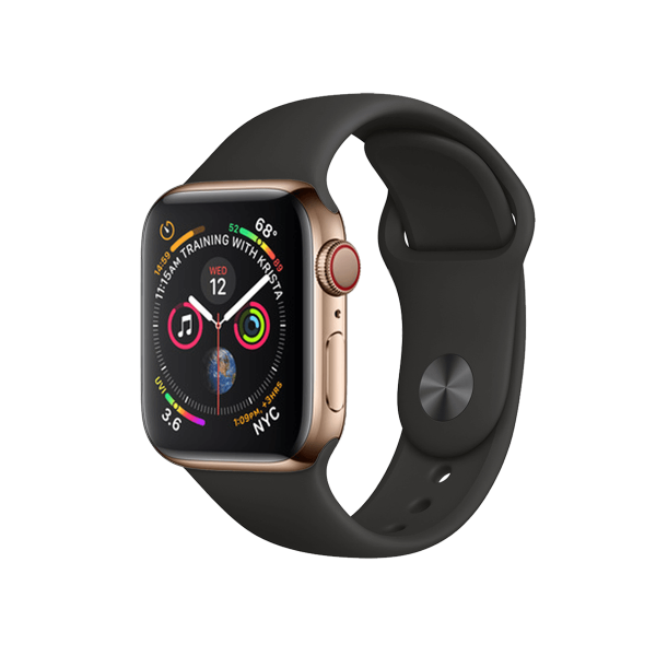 Refurbished Apple Watch Serie 4 | 40mm | Stainless Steel Gold | Schwarzes Sportarmband | GPS | WiFi + 4G