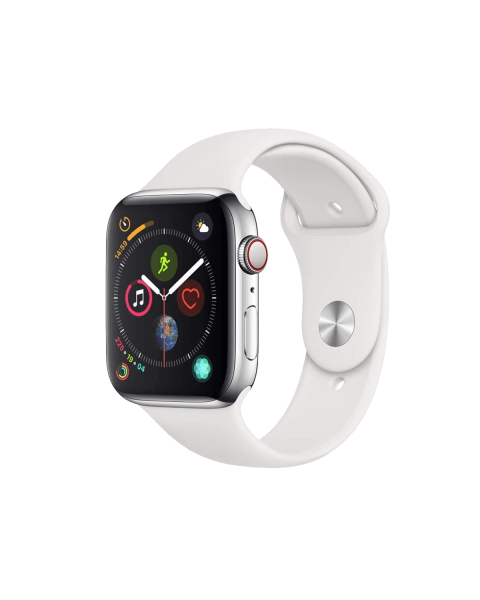 Refurbished Apple Watch Serie 4 | 44mm | Stainless Silber | Weißes Sportarmband | GPS | WiFi + 4G