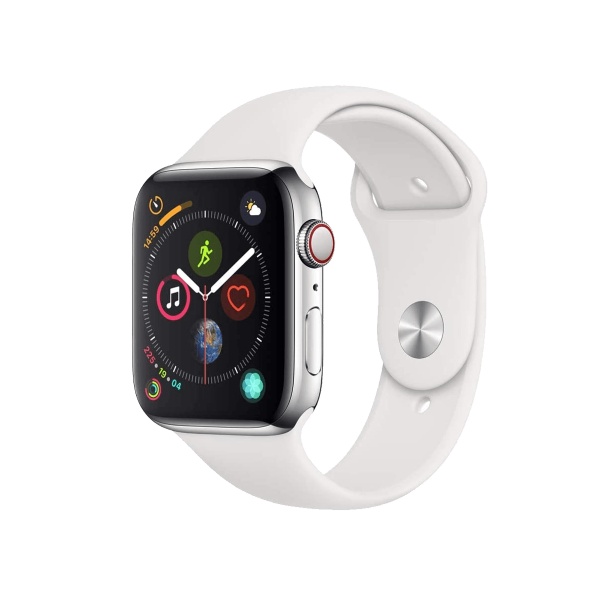 Refurbished Apple Watch Serie 4 | 44mm | Stainless Silber | Weißes Sportarmband | GPS | WiFi + 4G