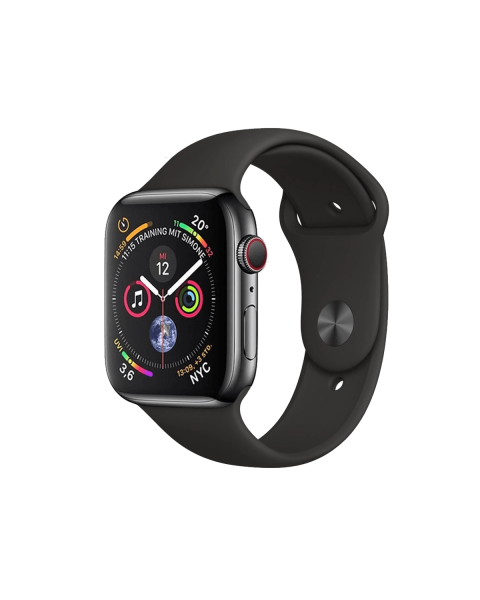 Refurbished Apple Watch Serie 4 | 44mm | Stainless Steel Schwarz | Schwarzes Sportarmband | GPS | WiFi + 4G