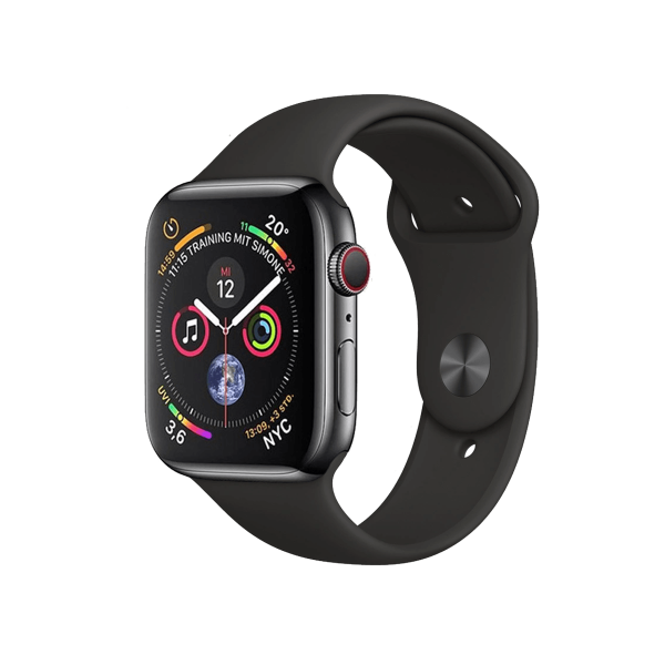 Refurbished Apple Watch Serie 4 | 44mm | Stainless Steel Schwarz | Schwarzes Sportarmband | GPS | WiFi + 4G