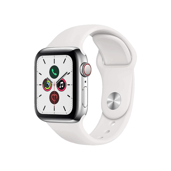 Refurbished Apple Watch Serie 5 | 40mm | Stainless Steel Silber | Wei&szlig;es Sportarmband | GPS | WiFi + 4G