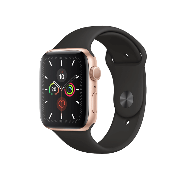 Refurbished Apple Watch Serie 5 | 44mm | Aluminiumgehäuse Gold | Schwarzes Sportarmband | GPS | WLAN + 4G