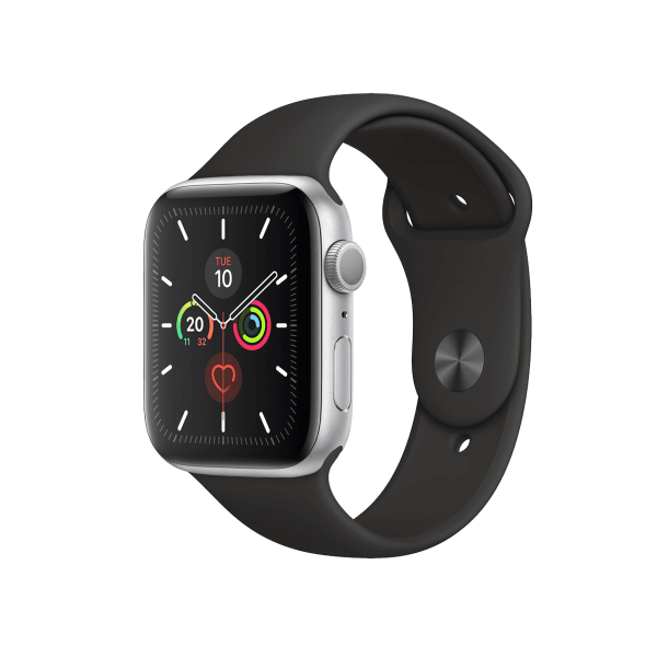 Refurbished Apple Watch Serie 5 | 44mm | Aluminium Silber | Schwarzes Sportarmband | GPS | WiFi + 4G