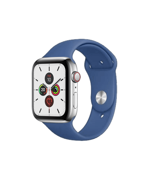 Refurbished Apple Watch Serie 5 | 44mm | Edelstahlgehäuse Silber | Delfter Blau Sportband | GPS | WLAN + 4G