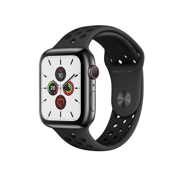 Refurbished Apple Watch Series 5 | 44mm | Stainless Steel Schwarz | Schwarzes Nike Sportarmband | GPS | WiFi + 4G