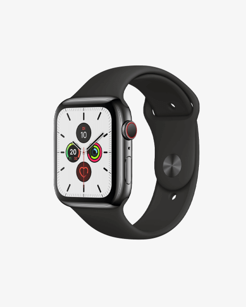 Refurbished Apple Watch Series 5 | 44mm | Stainless Steel Schwarz | Schwarzes Sportarmband | GPS | WiFi + 4G