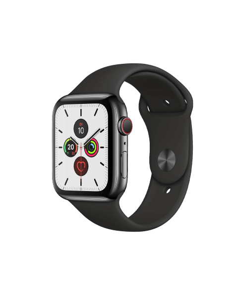 Refurbished Apple Watch Series 5 | 44mm | Stainless Steel Schwarz | Schwarzes Sportarmband | GPS | WiFi + 4G