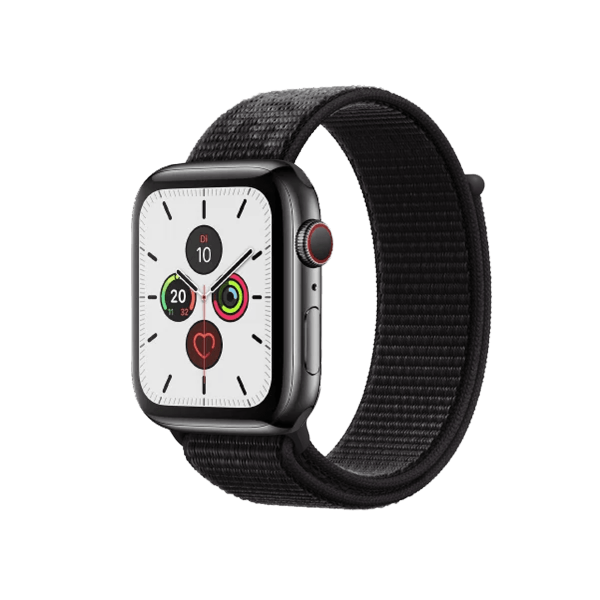 Refurbished Apple Watch Serie 5 | 44mm | Stainless Steel Schwarz | Schwarzes Nike sport loop | GPS | WiFi + 4G