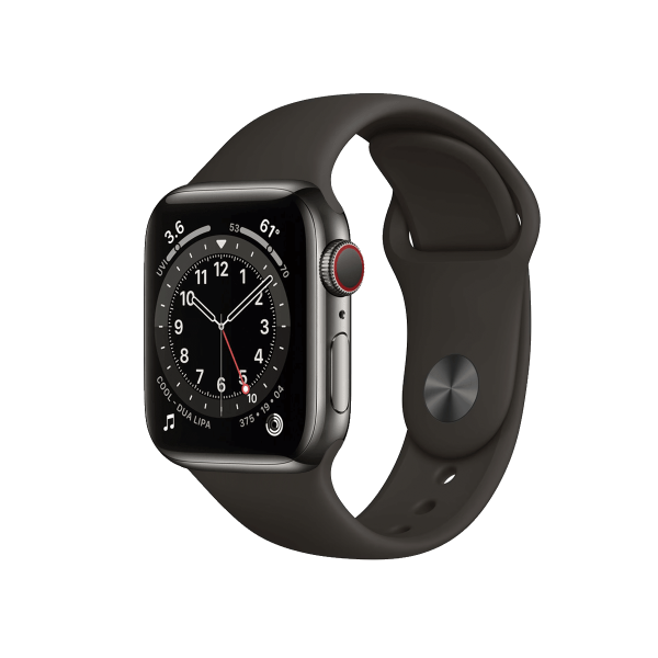 Refurbished Apple Watch Serie 6 | 40mm | Stainless Steel Graphit | Schwarzes Sportarmband | GPS | WiFi + 4G