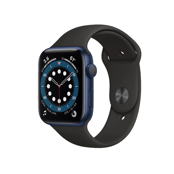 Refurbished Apple Watch Serie 6 | 44mm | Aluminium Blau | Schwarzes Sportarmband | GPS | WiFi + 4G