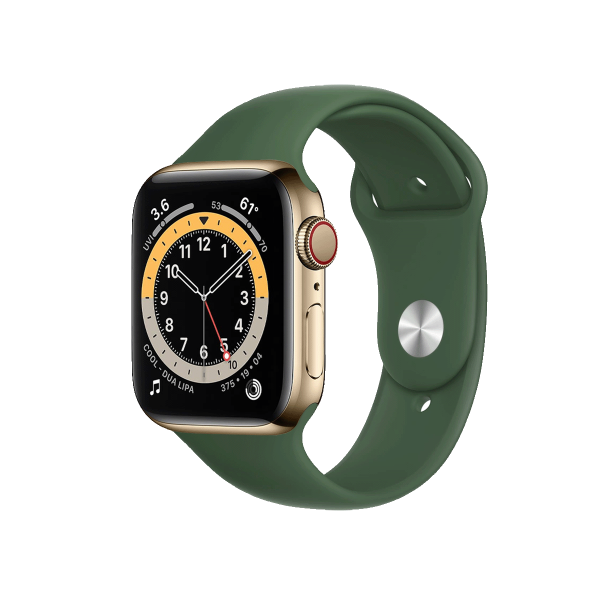 Refurbished Apple Watch Serie 6 | 44mm | Stainless Steel Gold | Grünes Sportarmband | GPS | WiFi + 4G