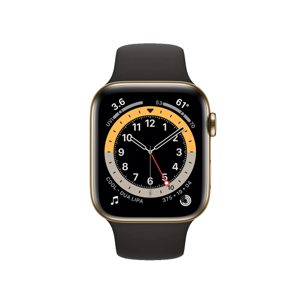 Refurbished Apple Watch Serie 6 | 44mm | Stainless Steel Gold | Schwarzes Sportarmband | GPS | WiFi + 4G