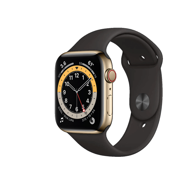 Refurbished Apple Watch Serie 6 | 44mm | Stainless Steel Gold | Schwarzes Sportarmband | GPS | WiFi + 4G