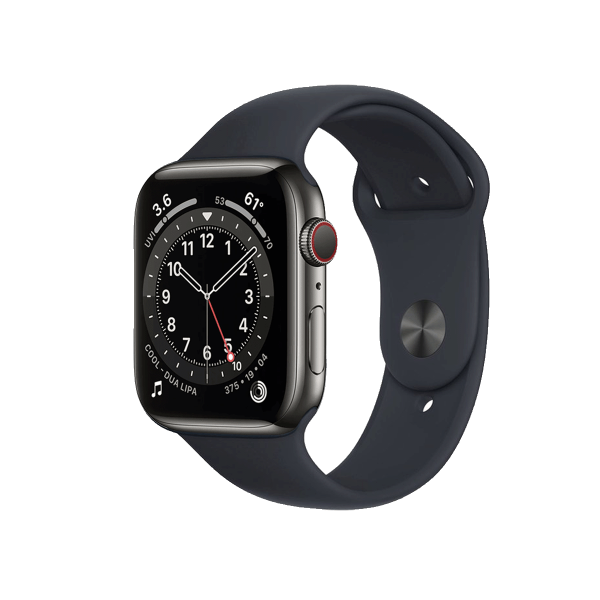 Refurbished Apple Watch Serie 6 | 44mm | Stainless Steel Graphit | Mitternachtsblaues Sportarmband | GPS | WiFi + 4G