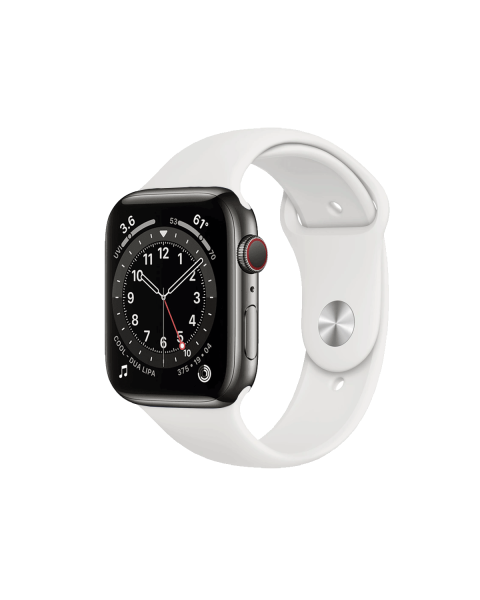 Refurbished Apple Watch Serie 6 | 40mm | Stainless Steel Graphit | Weißes Sportarmband | GPS | WiFi + 4G