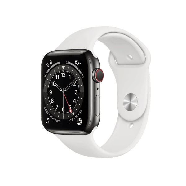 Refurbished Apple Watch Serie 6 | 40mm | Stainless Steel Graphit | Weißes Sportarmband | GPS | WiFi + 4G