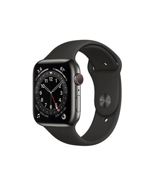 Refurbished Apple Watch Serie 6 | 44mm | Stainless Steel Graphit | Schwarzes Sportarmband | GPS | WiFi + 4G