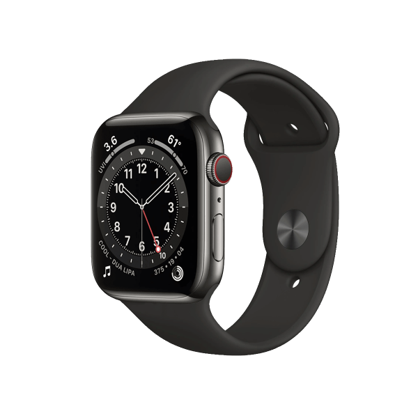 Refurbished Apple Watch Serie 6 | 44mm | Stainless Steel Graphit | Schwarzes Sportarmband | GPS | WiFi + 4G