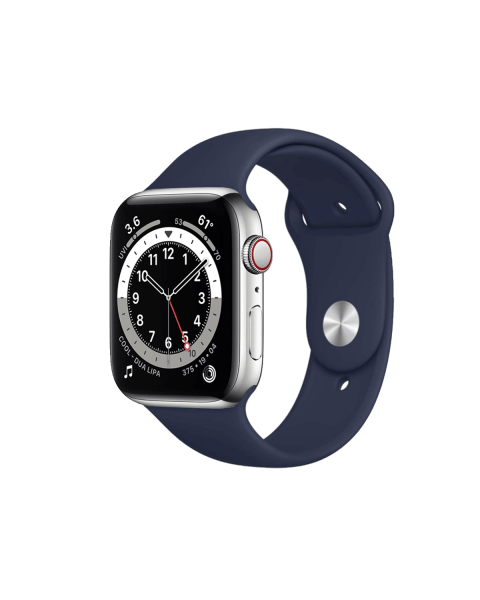 Refurbished Apple Watch Serie 6 | 44mm | Stainless Steel Silber |  Mitternachtsblaues Sportarmband | GPS | WiFi + 4G
