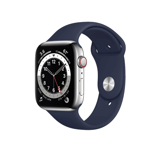 Refurbished Apple Watch Serie 6 | 44mm | Stainless Steel Silber |  Mitternachtsblaues Sportarmband | GPS | WiFi + 4G