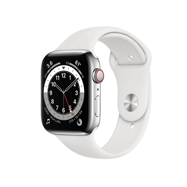 Refurbished Apple Watch Serie 6 | 44mm | Stainless Silber | Weißes Sportarmband | GPS | WiFi + 4G