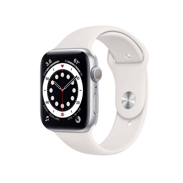 Refurbished Apple Watch Serie 6 | 44mm | Aluminium Silber | Weißes Sportarmband | GPS | WiFi + 4G