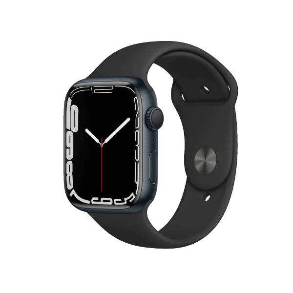 Refurbished Apple Watch Serie 7 | 45mm | Aluminium Mitternachtsblau | Schwarzes Sportarmband | GPS | WiFi