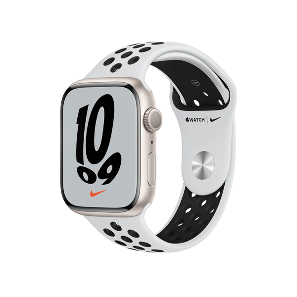 Refurbished Apple Watch Serie 7 | 45mm | Aluminium Starlight Wei&szlig; | Wei&szlig;es Nike Sportarmband | GPS | WiFi