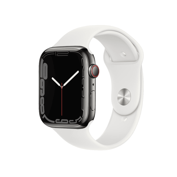 Refurbished Apple Watch Serie 7 | 45mm | Stainless Steel Graphit | Weißes Sportarmband | GPS | WiFi + 4G