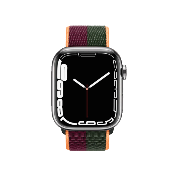 Refurbished Apple Watch Serie 7 | 45mm | Stainless Steel Silber | Dunkelkirsche/Waldgr&uuml;nes Sportarmband | GPS | WiFi + 4G