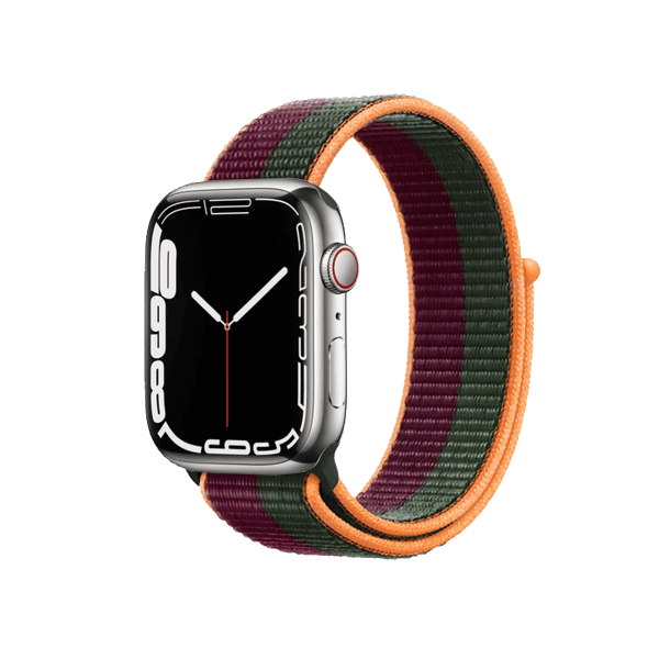 Refurbished Apple Watch Serie 7 | 45mm | Stainless Steel Silber | Dunkelkirsche/Waldgr&uuml;nes Sportarmband | GPS | WiFi + 4G