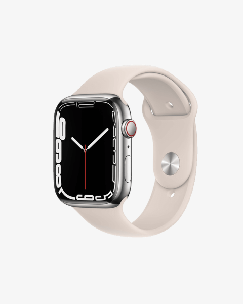 Refurbished Apple Watch Serie 7 | 45mm | Stainless Steel Silber | Starlight Wei&szlig;es Sportarmband | GPS | WiFi + 4G