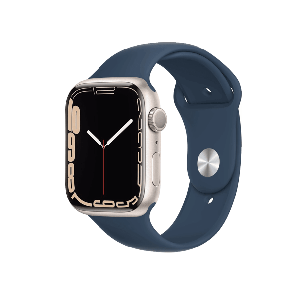 Refurbished Apple Watch Serie 7 | 45mm | Aluminium Starlight Weiß | Blaues Sportarmband | GPS | WiFi + 4G