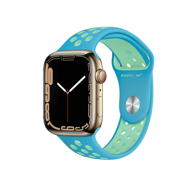 Refurbished Apple Watch Serie 7 | 45mm | Titanium Gold | Chlorblau/Grün Nike Sportarmband | GPS | WiFi + 4G