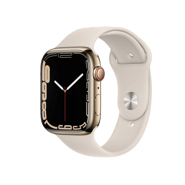 Refurbished Apple Watch Serie 7 | 45mm | Stainless Gold | Antikes Wei&szlig;es Sportarmband | GPS | WiFi + 4G