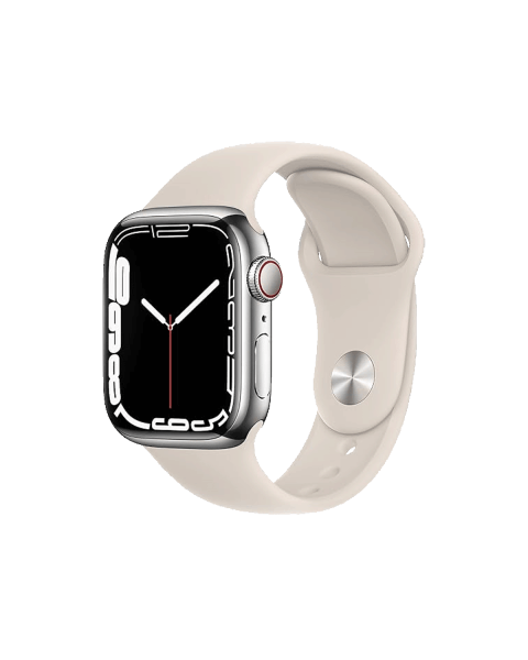 Refurbished Apple Watch Serie 7 | 41mm | Stainless Steel Silber | Starlight Weißes Sportarmband | GPS | WiFi + 4G