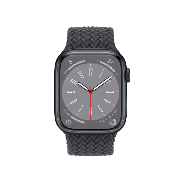  Refurbished Apple Watch Serie 8 | 45mm | Aluminium Mitternachtsblau | Mitternachtsblaues Geflochtenes Solo Loop | GPS | WiFi + 4G