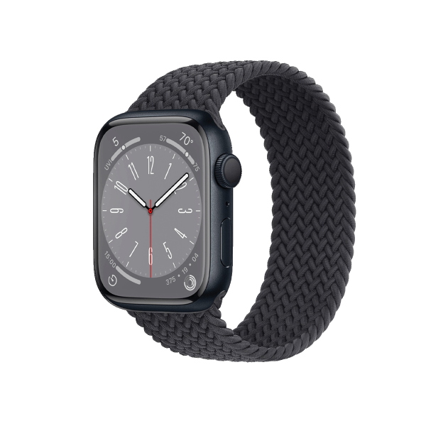  Refurbished Apple Watch Serie 8 | 45mm | Aluminium Mitternachtsblau | Mitternachtsblaues Geflochtenes Solo Loop | GPS | WiFi + 4G