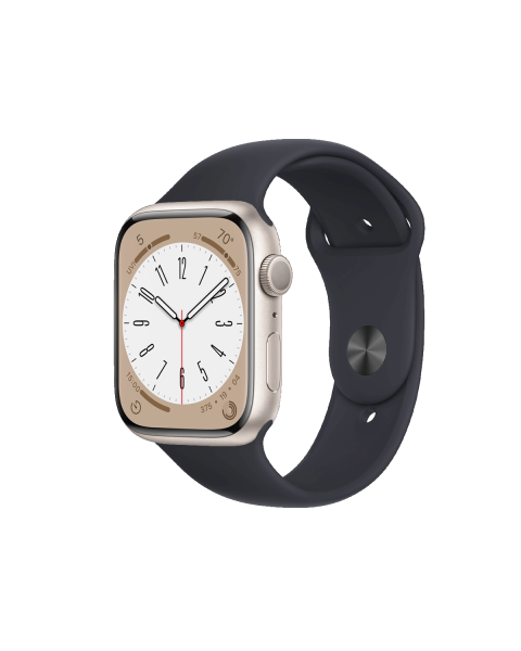 Refurbished Apple Watch Serie 8 | 45mm | Aluminium Starlight Weiß | Mitternachtsblaues Sportarmband | GPS | WiFi + 4G