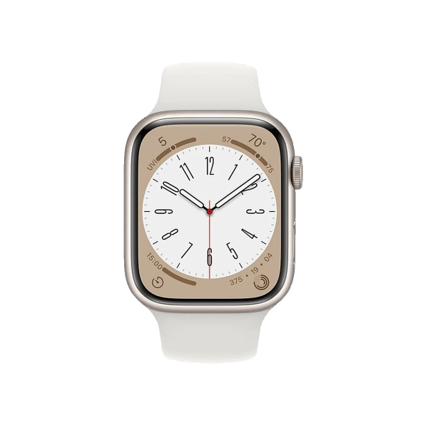 Refurbished Apple Watch Serie 8 | 45mm | Aluminium Starlight Weiß | Weißes Sportarmband | GPS | WiFi + 4G