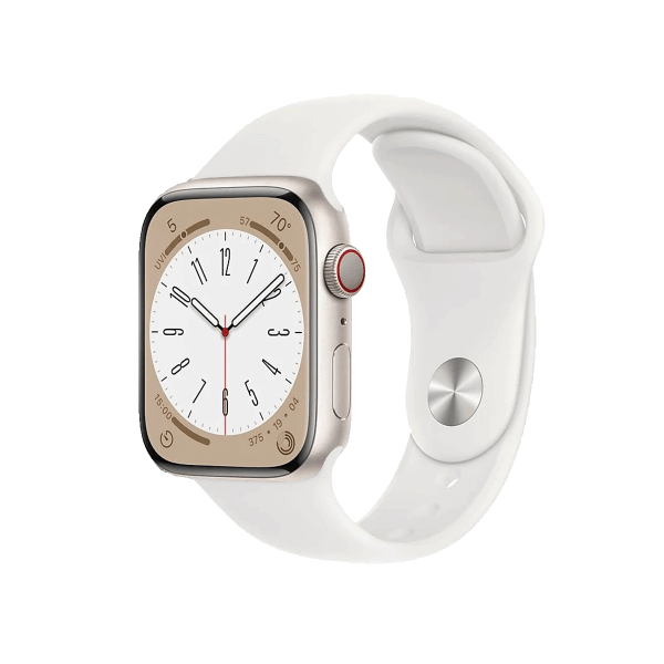 Refurbished Apple Watch Serie 8 | 45mm | Aluminium Starlight Weiß | Weißes Sportarmband | GPS | WiFi + 4G