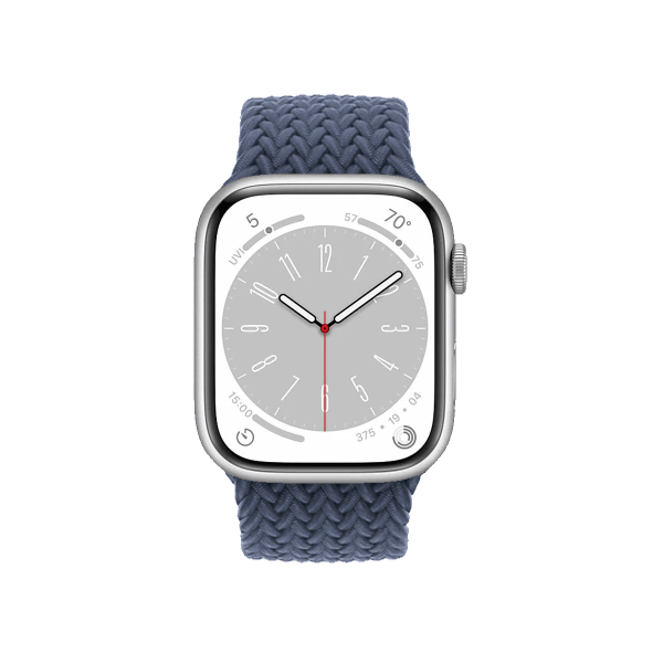 Refurbished Apple Watch Serie 8 | 45mm | Aluminium Silber | Storm Blau Geflochtenes Solo Loop | GPS | WiFi