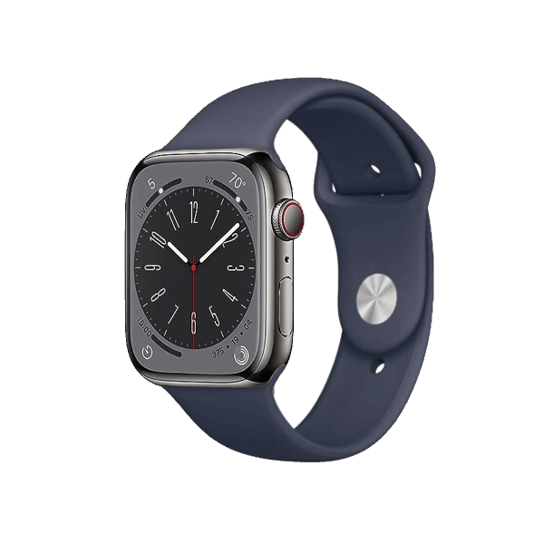 Refurbished Apple Watch Serie 8 | 45mm | Stainless Steel Graphit | Mitternachtblaues Sportarmband | GPS | WiFi + 4G