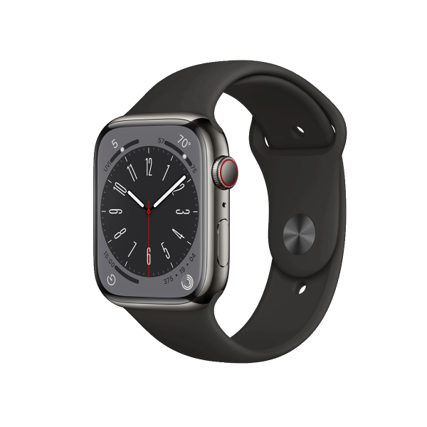 Refurbished Apple Watch Serie 8 | 45mm | Stainless Steel Graphit | Schwarzes Sportarmband | GPS | WiFi + 4G