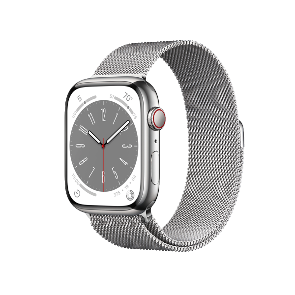 Refurbished Apple Watch Serie 8 | 45mm | Stainless Steel Silber | Silber Milanaiseband | GPS | WiFi + 4G