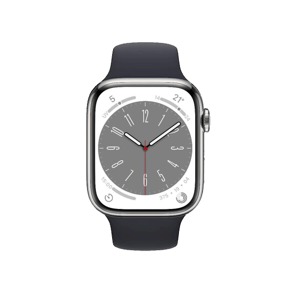 Refurbished Apple Watch Serie 8 | 45mm | Stainless Steel SIlber | Schwarzes Sportarmband | GPS | WiFi + 4G