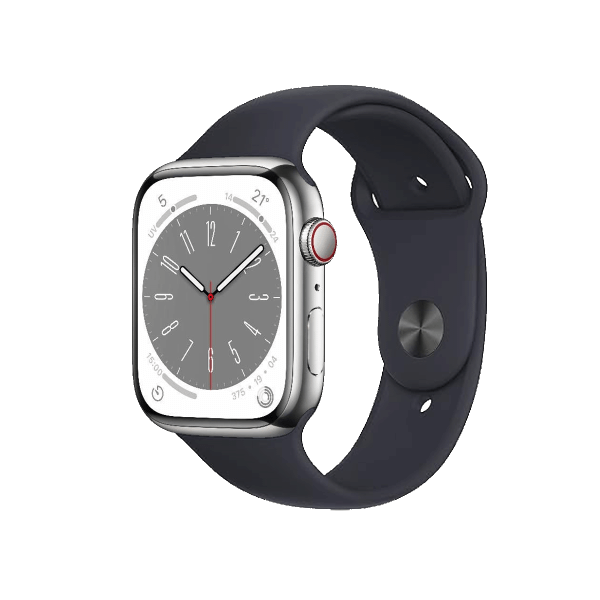 Refurbished Apple Watch Serie 8 | 45mm | Stainless Steel SIlber | Schwarzes Sportarmband | GPS | WiFi + 4G