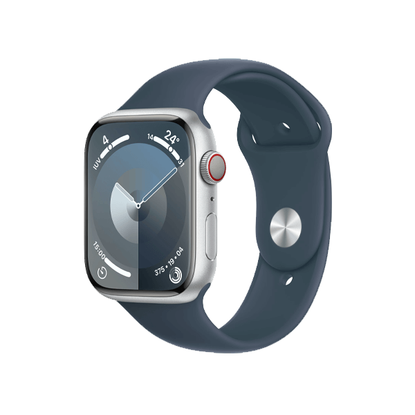 Refurbished Apple Watch Serie 9 | 45mm | Aluminium Silber | Blaues Sportarmband M/L | GPS | WiFi + 4G